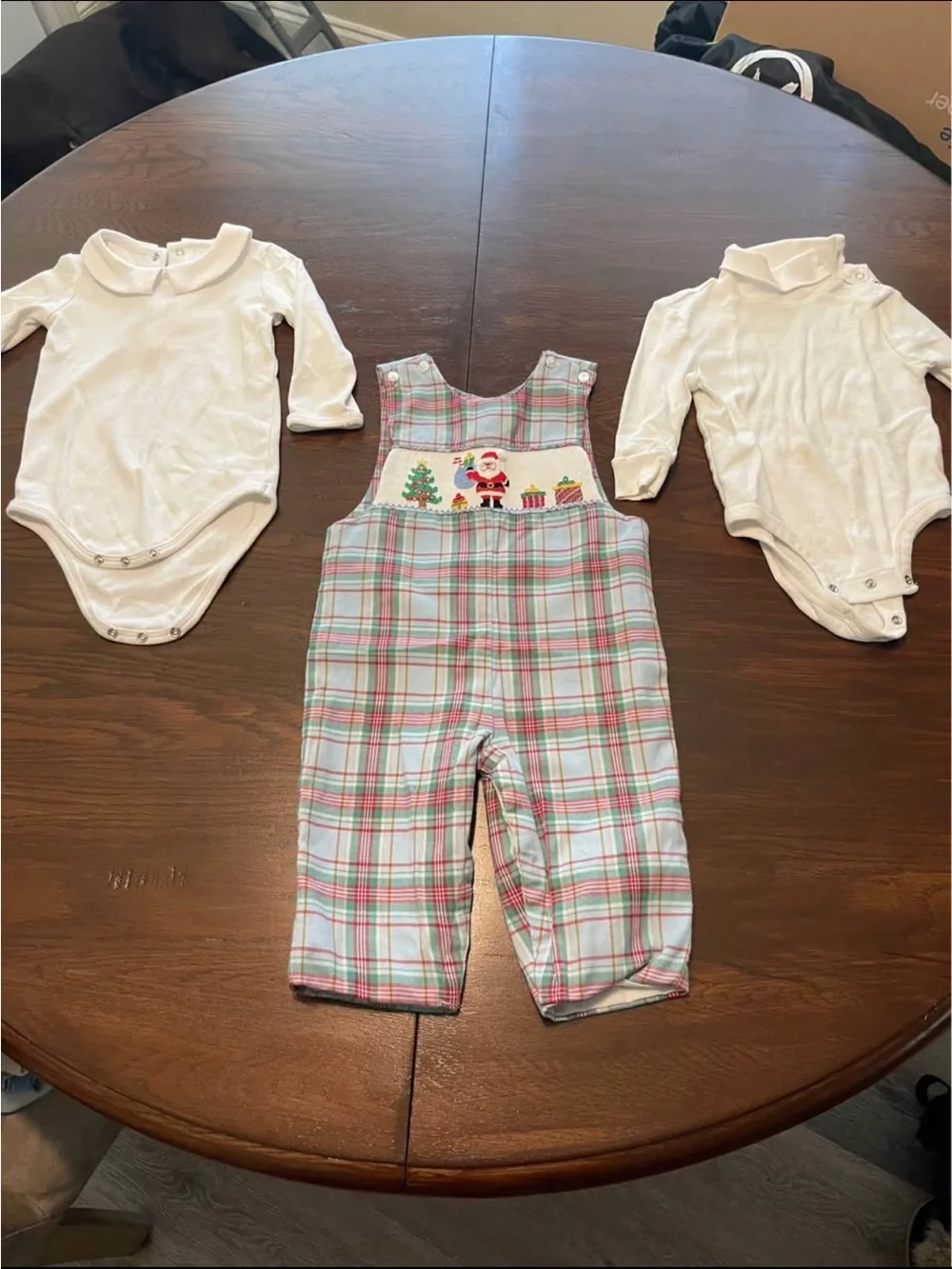 Holiday Plaid Smocked Santa One-Piece Bodysuit - Cream & Light Blue